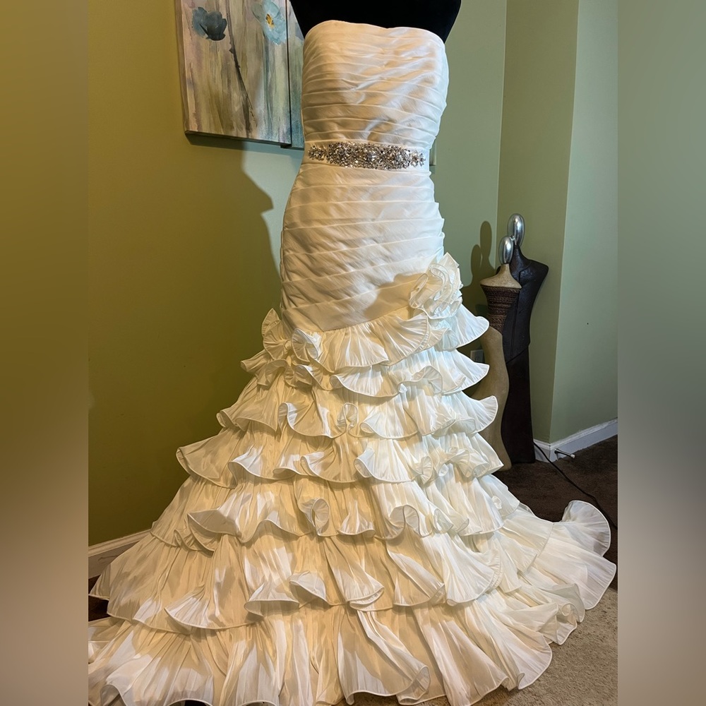 Soft Taffeta Mermaid Wedding Gown with whimsical layered skirt and faux buttons